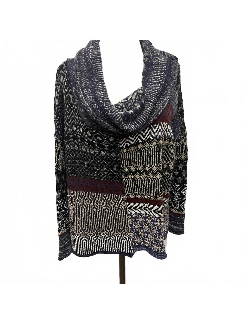 Free People Sweater L Patch Print Cowl Funnel Neck Sweater Mixed Geometric Blue